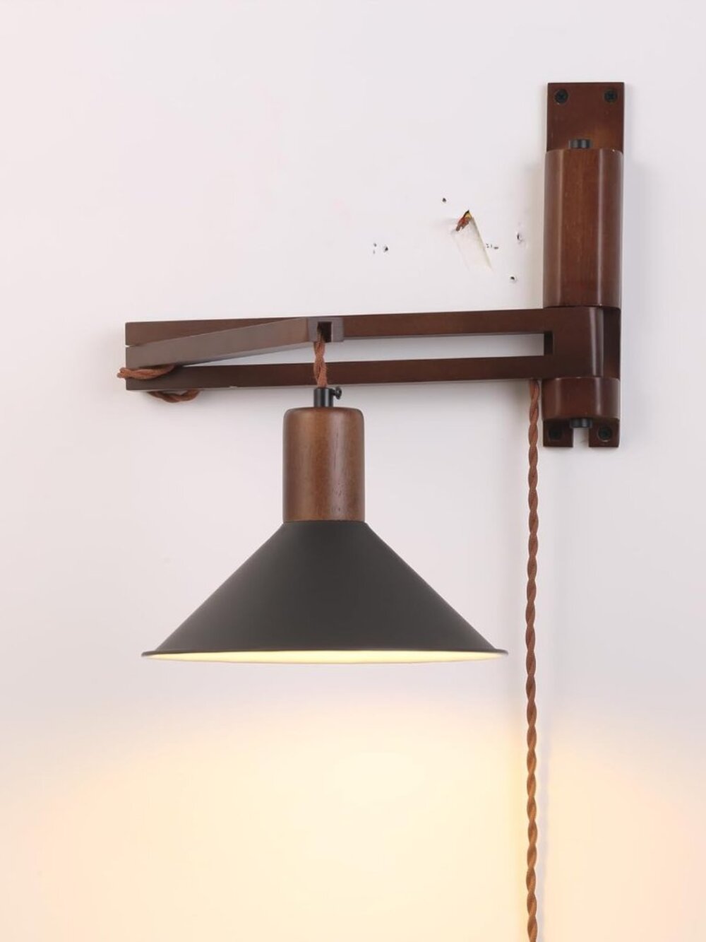Wood Plug in Wall Sconces Swing Arm Lamp black metal brown swivel corded light